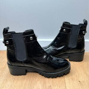 NEW Karl Lagerfeld Black Shiny Leather Porshay Lug Sole Studded Bootie Boot